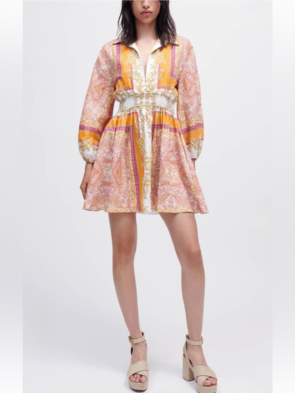 Maje Linen Mini Flare Shirt Dress with Scarf Print Multicolor Orange Size 42 NWT